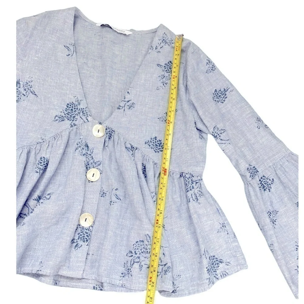 ZARA 100% cotton denim chambray bohemian smock peasant top with floral design - Picture 4 of 12